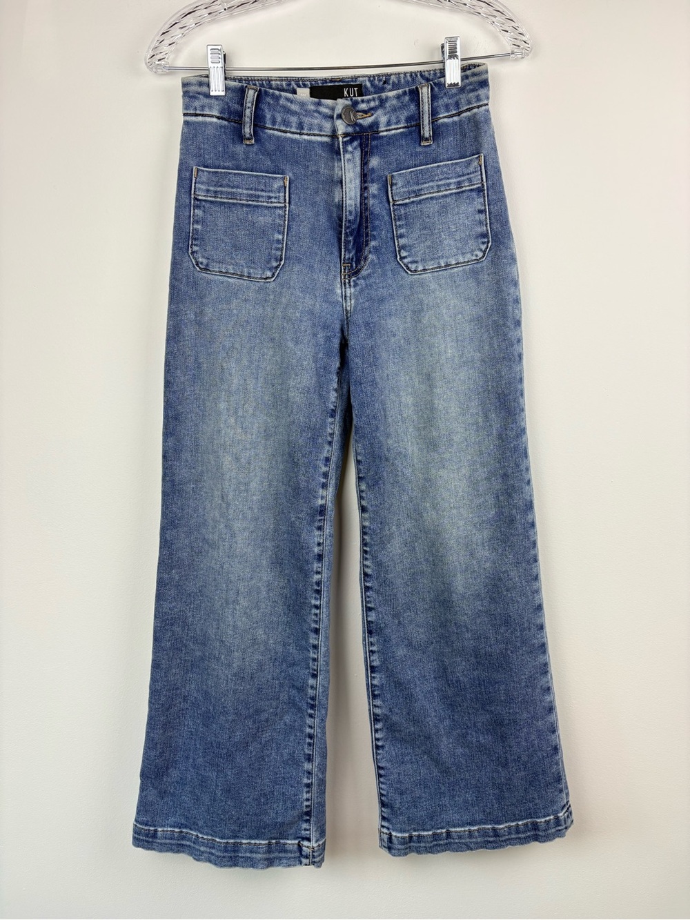 Kut from the Kloth Meg Wide Leg High Rise Jeans Patch Pockets Medium Wash Sz 00L